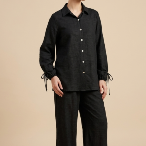 Premium Linen Button-Down PJ Set with Tie-Cuff Details