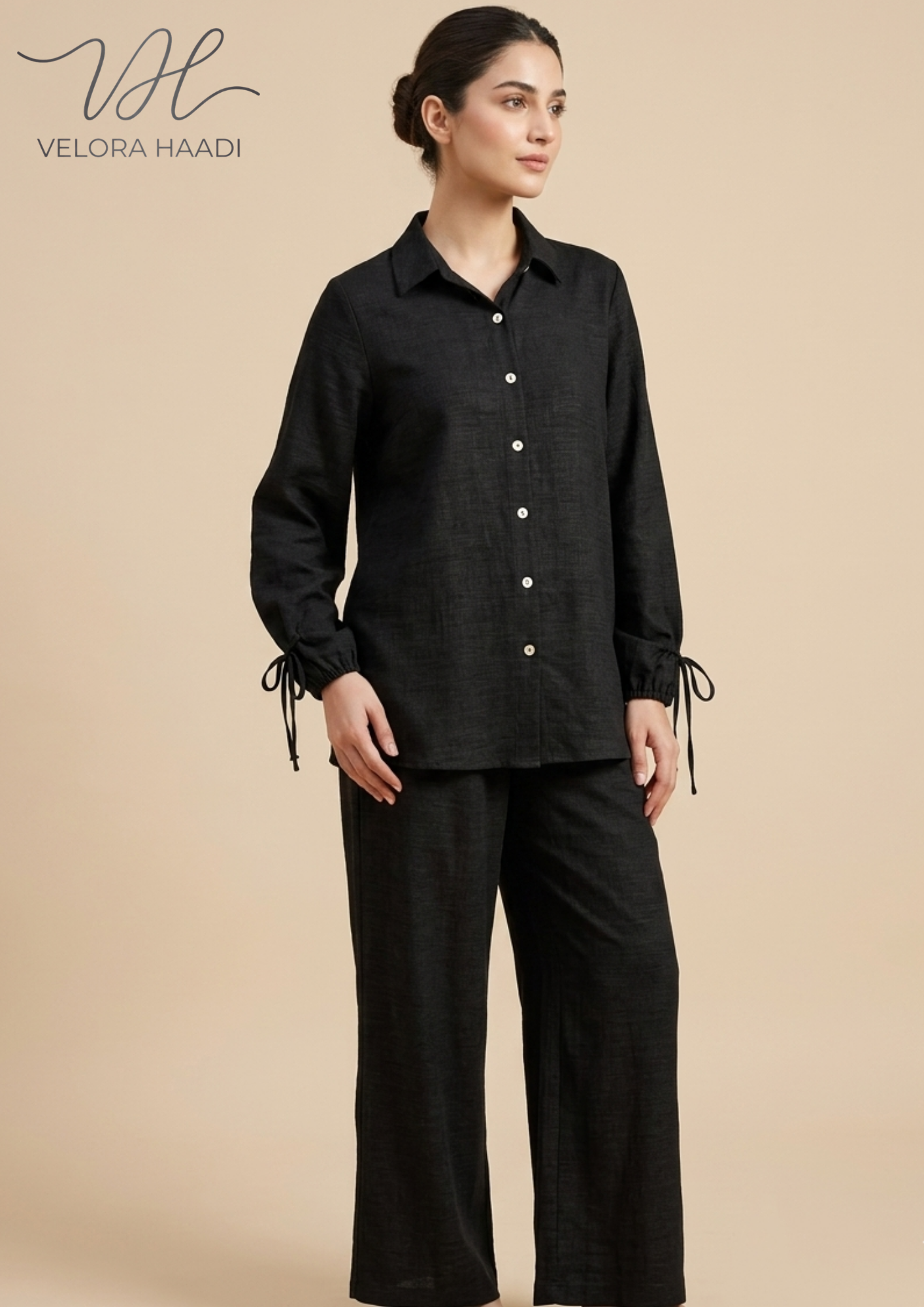 Premium Linen Button-Down PJ Set with Tie-Cuff Details