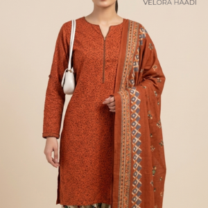 Embroidered 3-Piece Lawn Suit with Printed Dupatta – Rust Orange