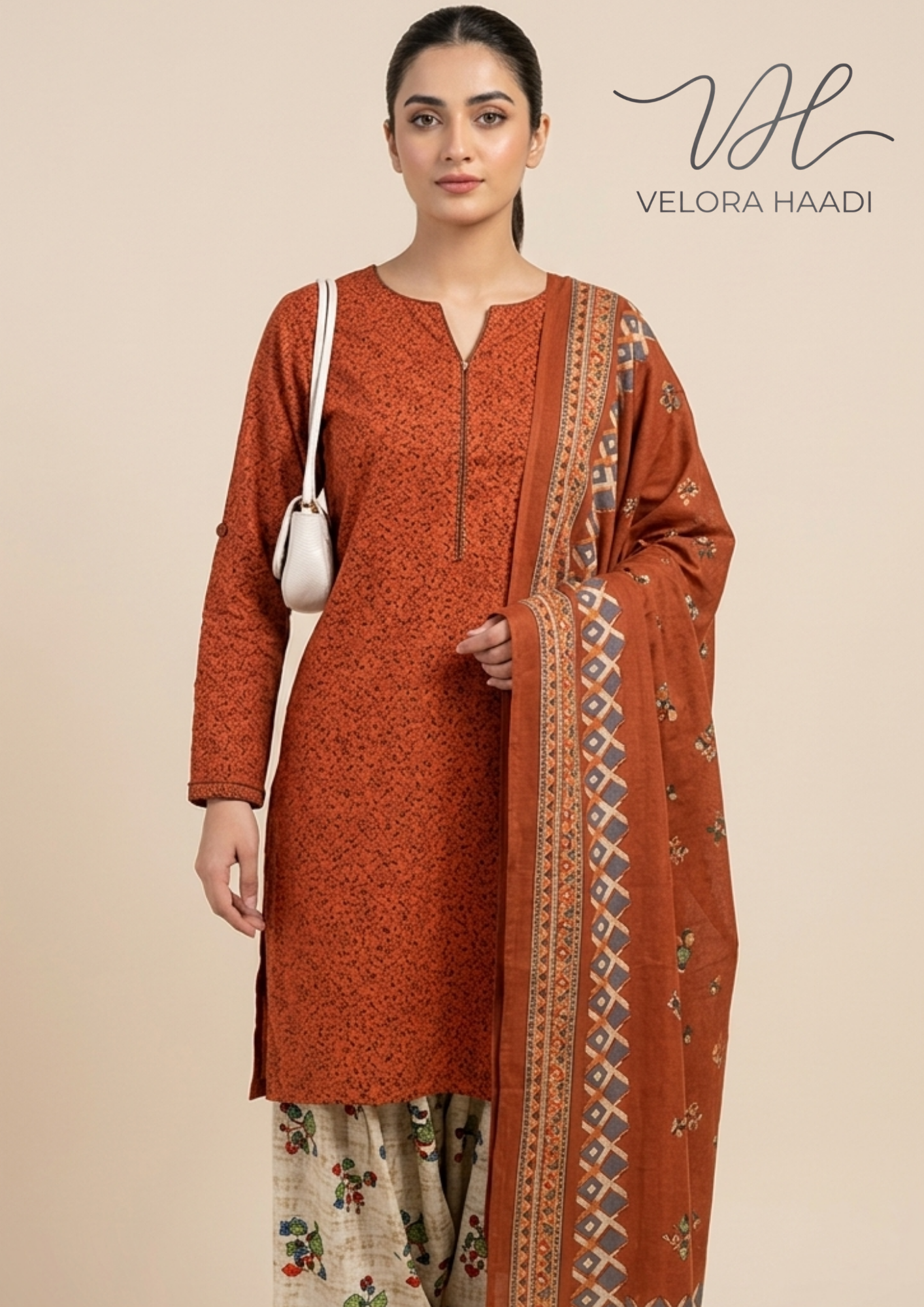 Embroidered 3-Piece Lawn Suit with Printed Dupatta – Rust Orange