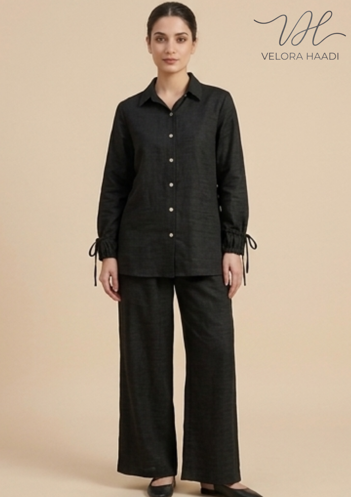 Premium Linen Button-Down PJ Set with Tie-Cuff Details - Image 3