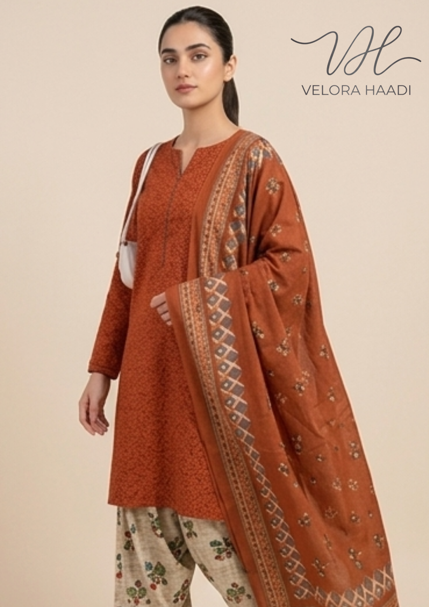 Embroidered 3-Piece Lawn Suit with Printed Dupatta – Rust Orange - Image 2
