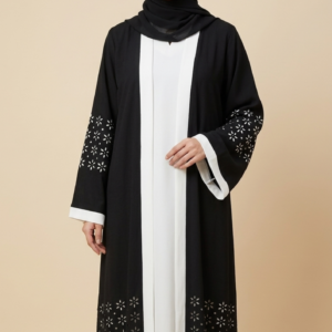 Black & White Embroidered Open Abaya