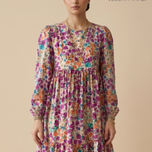Vibrant Floral Tiered Maxi Dress – Multi-Color Violet & Orange