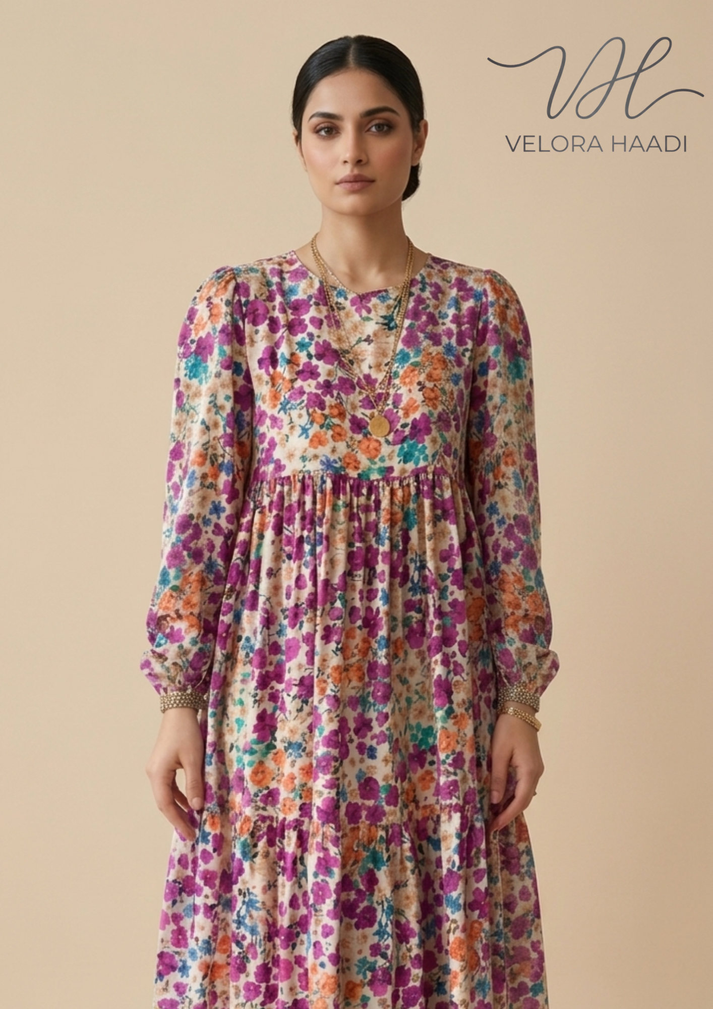 Vibrant Floral Tiered Maxi Dress – Multi-Color Violet & Orange