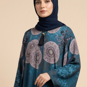 Elegant Teal Printed Abaya with Navy Hijab