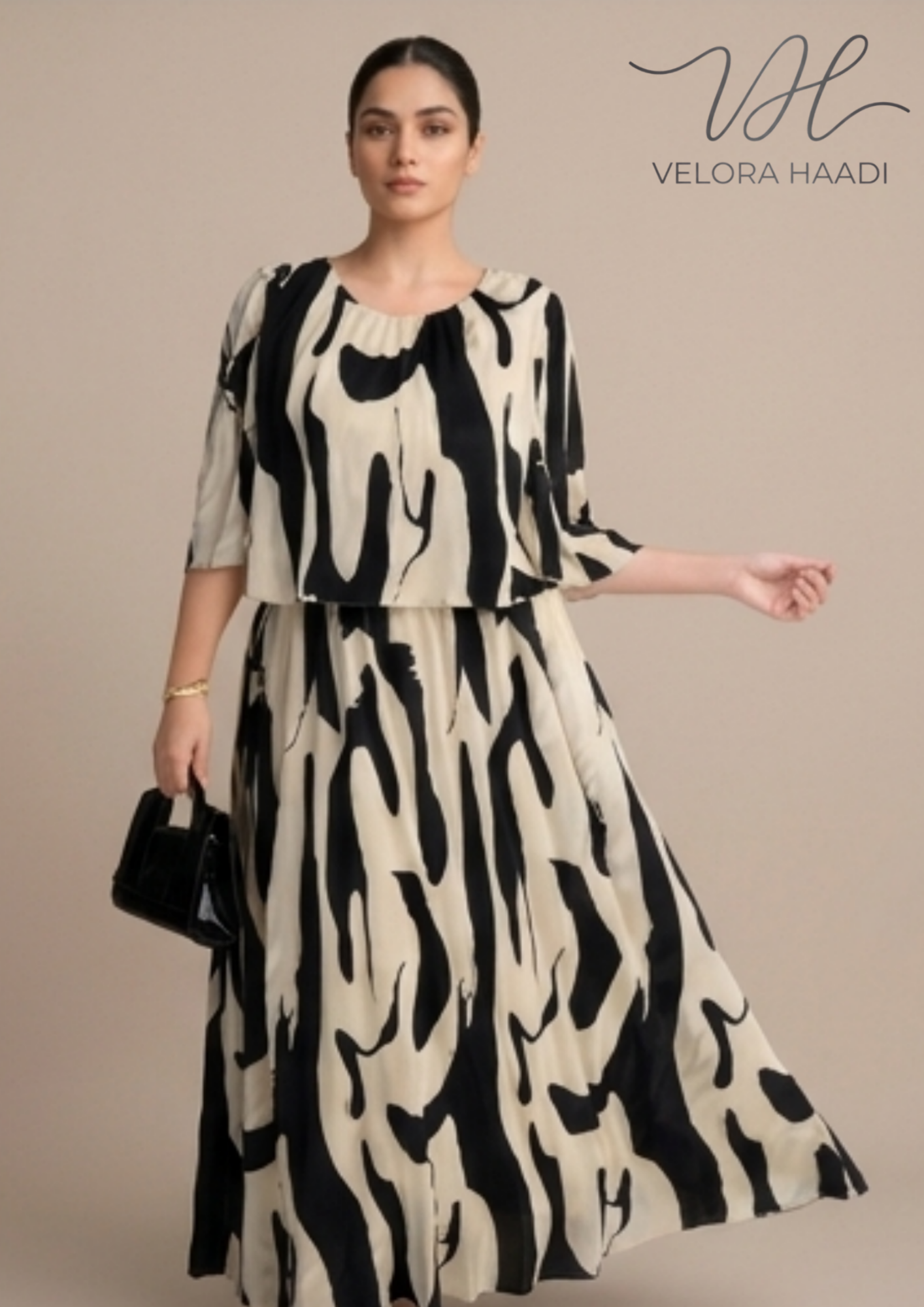 Premium Abstract Monochromatic Maxi Dress – Cream & Jet Black - Image 2