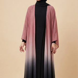 Ombré Front-Open Abaya Set with Shimmer Details – Rose Pink & Charcoal Black