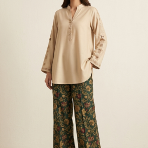 Linen Co-Ord Set with Floral Tapestry Wide-Leg Trouser
