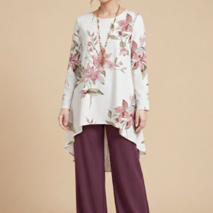 Premium Floral High-Low CO-ORD Set – Ivory & Deep Plum