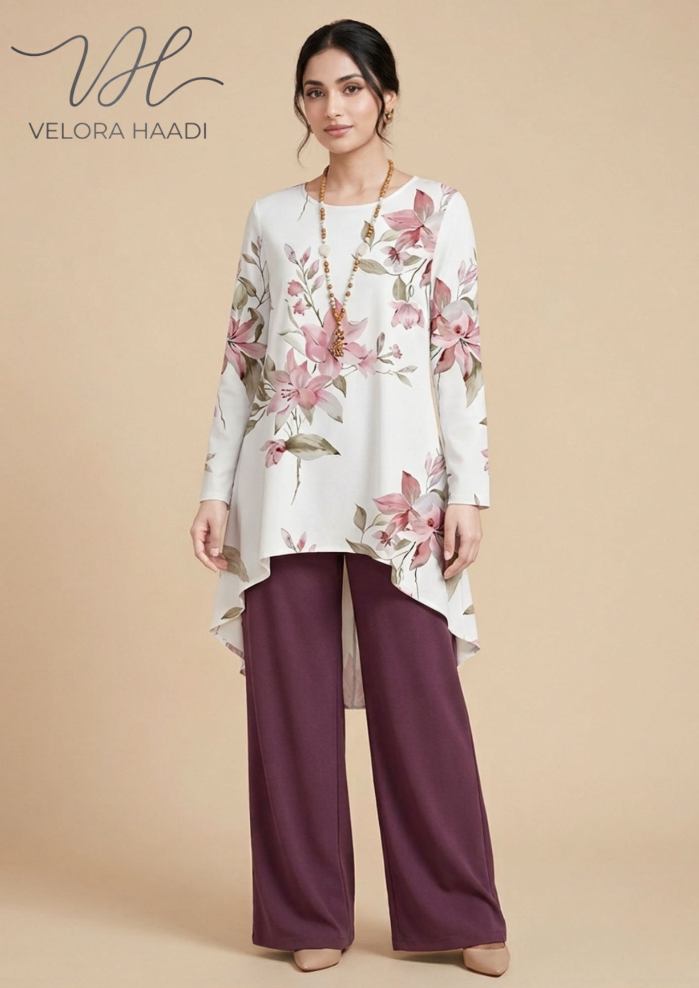 Premium Floral High-Low CO-ORD Set – Ivory & Deep Plum