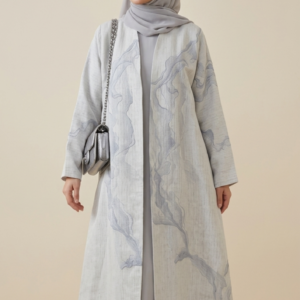 Luxury Marble-Texture Front-Open Abaya Set with Matching Hijab – Soft Grey