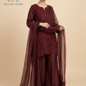 Deep Maroon Laser-Cut Lace Suite