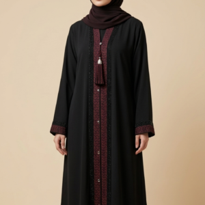 Black & Maroon Embroidered Abaya