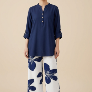 Premium Linen Co-Ord Set with Floral Wide-Leg Trousers – Deep Indigo Blue