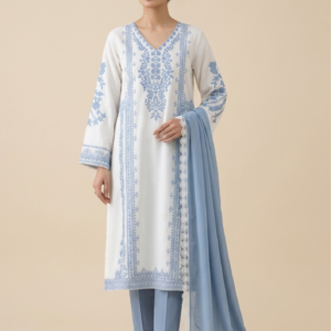 Embroidered 3-Piece Lawn Suit with Lace-Trimmed Dupatta – Ivory & Soft Blue