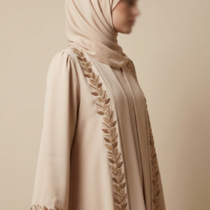 Premium Embroidered Front-Open Abaya with Hijab Set – Elegant Beige