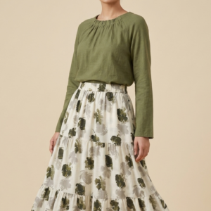 Premium Linen Gathered Blouse and Tiered Floral Maxi Skirt Co-Ord Set