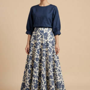 Premium Chambray Blouse and Floral Maxi Skirt Co-Ord Set – Deep Indigo & Porcelain Blue