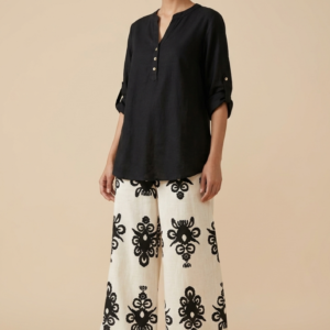 Linen Co-Ord Set with Baroque Printed Wide-Leg Trousers