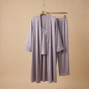 Premium Embroidered Silk 3-Piece Luxury Loungewear Set – Soft Lavender